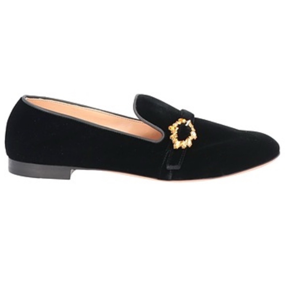 Gianvito Rossi Black Velvet Loafers with Rhinestone buckle